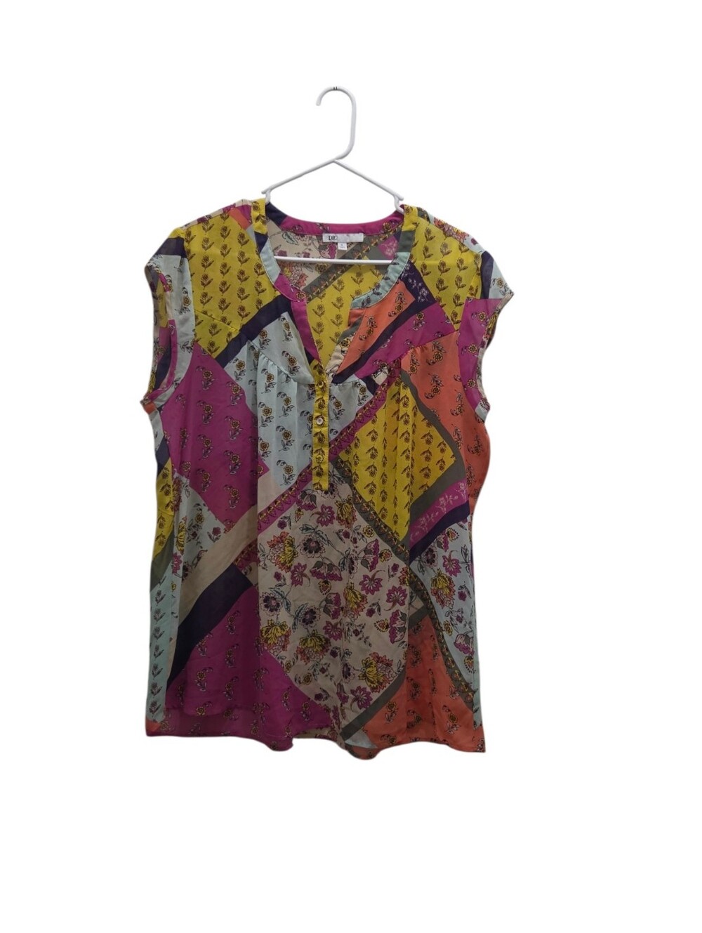 DR2 Sheer Patchwork Floral Blouse Boho Colorful Lightweight Sleeveless Top XL